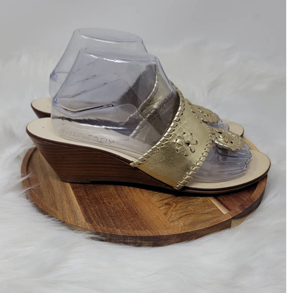 Mila Paolui Gold Leather Upper Floral Accent Wedge Heel Sandal 9.5M - Picture 2 of 7